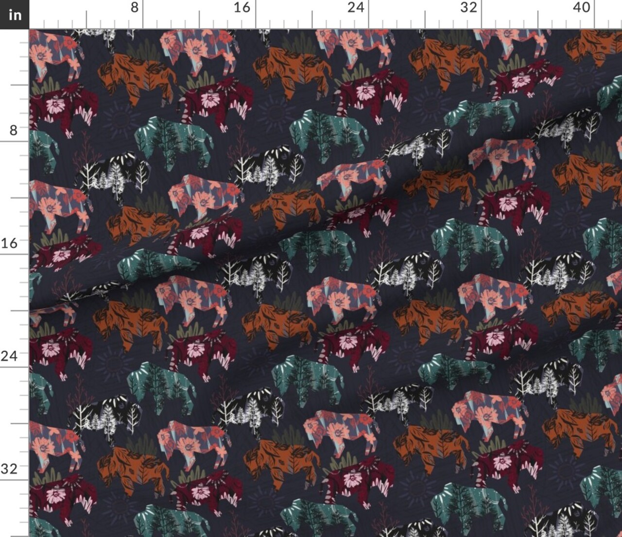 Multicolor Bison Wild West Wildlife Plains Floral Patchwork Southwest Chic Boho Nature Botanical Bison Large Scale Western Cabincore Custom Printed Fabric by Spoonflower Various Fabrics by the Yard or Fat Quarter